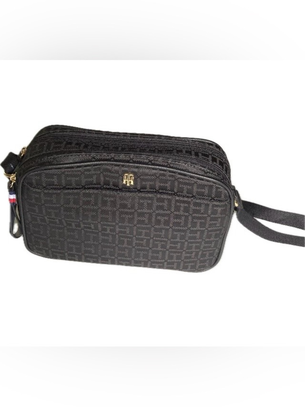NWT TOMMY HILFIGER Crossbody Black 2 Zipper Compartments Gold Hardware Logo